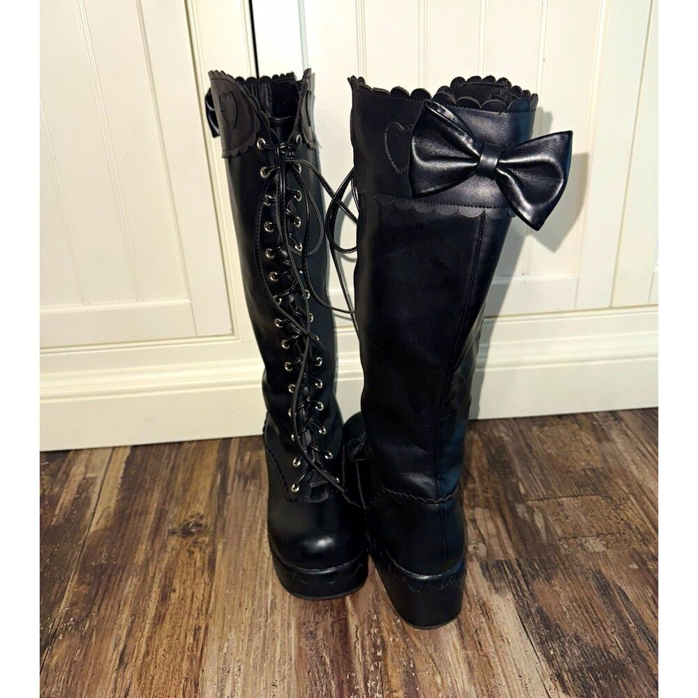 Women’s Black Knee-High Lace-Up Platform Boots Bow & Heart Accents Round Toe